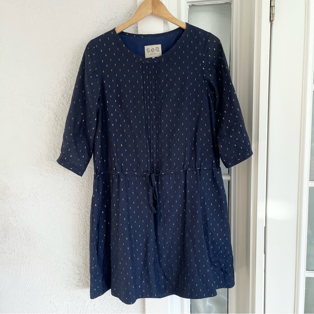 Sea New York Navy Blue Cotton Waist Tie Mini Dress Tunic